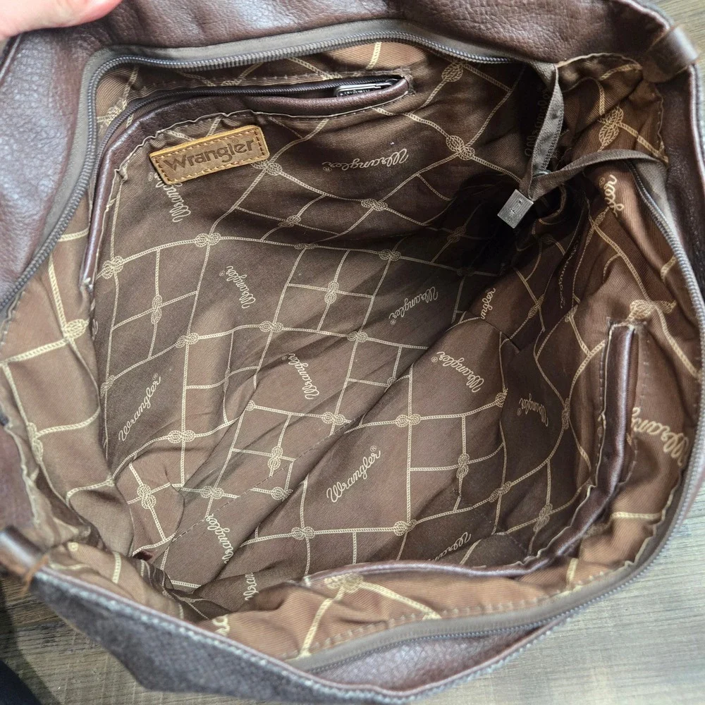 Wrangler Southwestern Striped Canvas Tote Bag Brown Faux Leather Trim Large